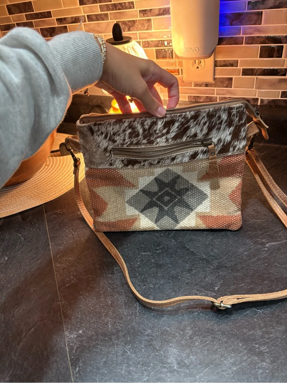 Myra Boho Patchwork Crossbody Bag in Brown and Tan